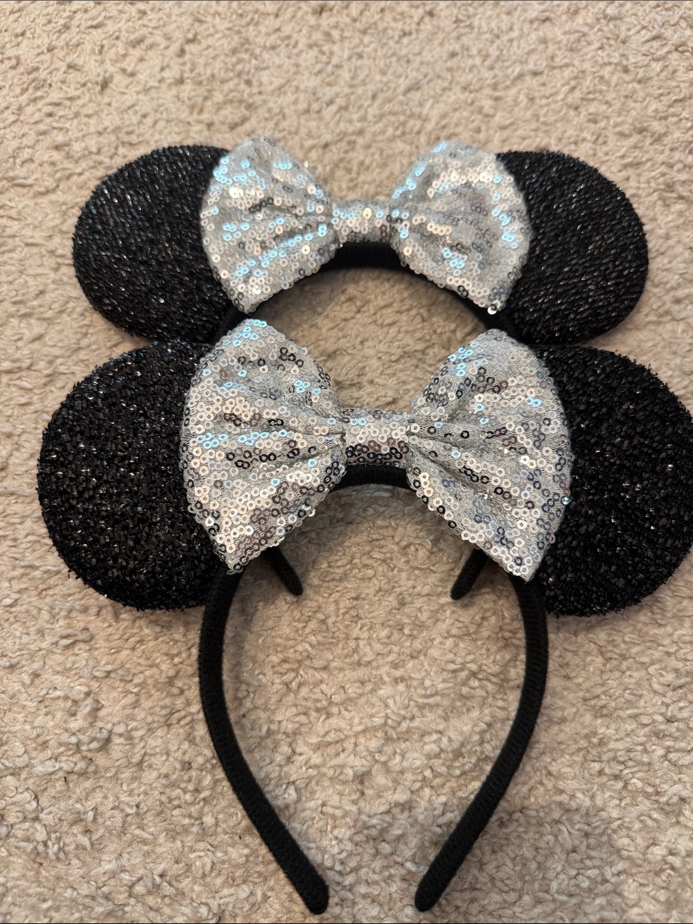 Kids Black sparkle mesh Mouse Ear Headband with Silver Sequin Bow